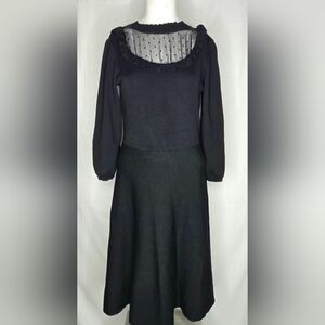 Draper James RSVP Black Knit Midi Dress Swiss Dot Neckline Size M NWOT